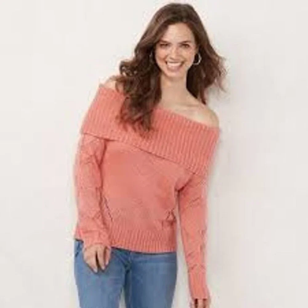 LC Lauren Conrad coral sweater women  Long sleeve cowl neck knit sweater size S